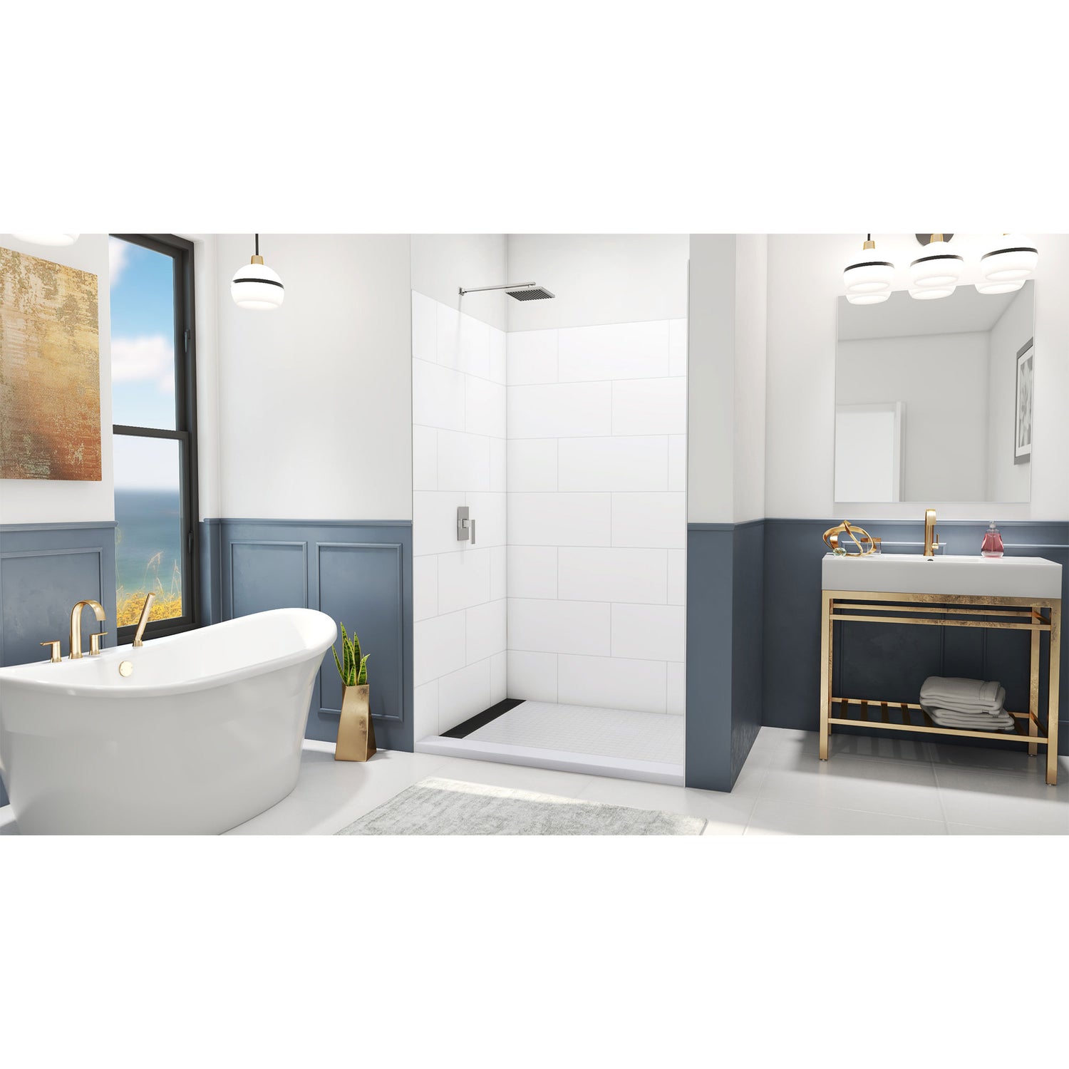 DreamLine DreamStone 42 in. D x 50 in. W x 84 in. H Shower Wall Kit in White Traditional Subway Pattern