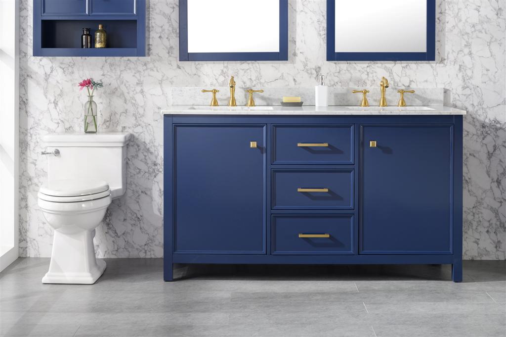 Legion Furniture 60" BLUE FINISH DOUBLE SINK VANITY CABINET WITH CARRARA WHITE TOP WLF2160D-B