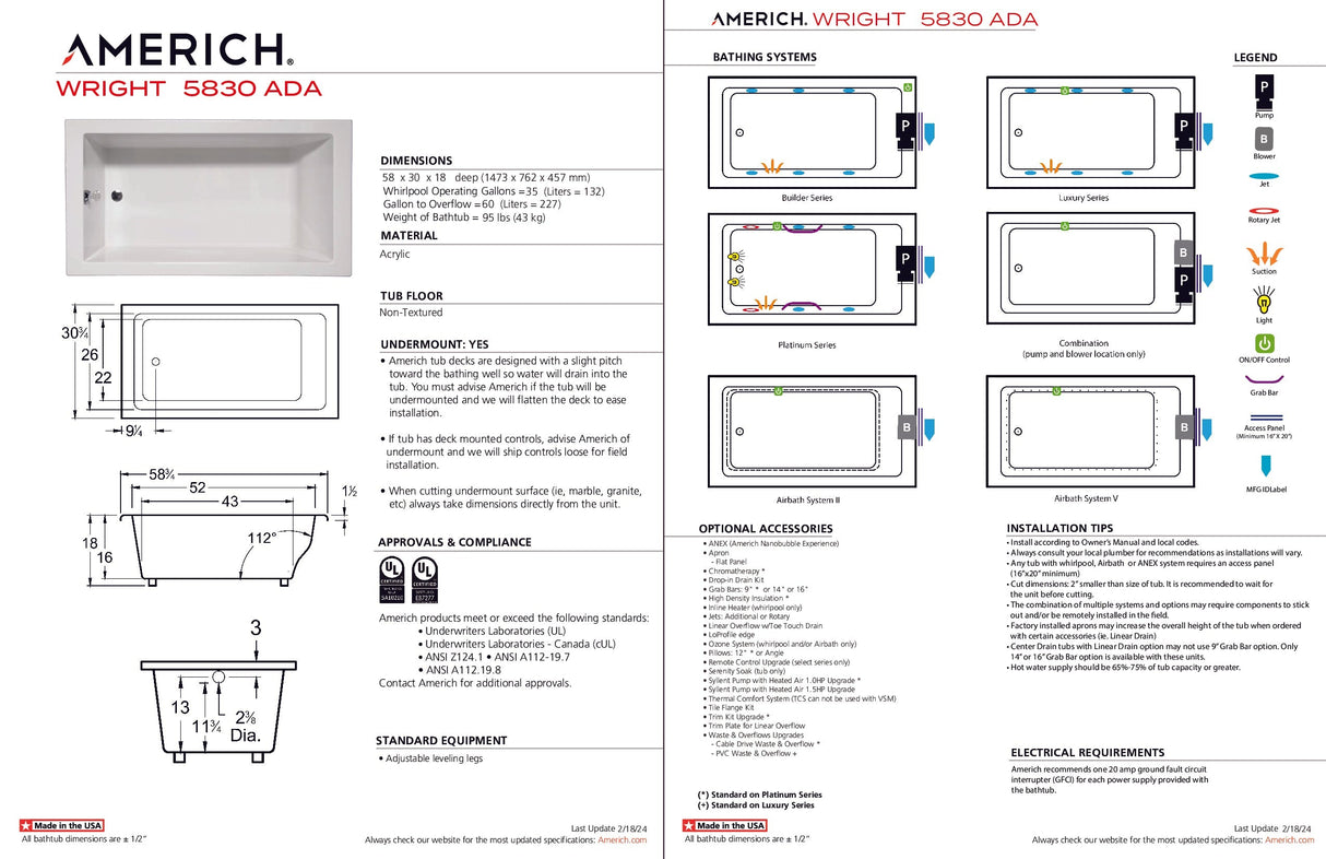 Americh WR5830ADATA5-BI Wright 5830 ADA - Tub Only / Airbath 5 - Biscuit