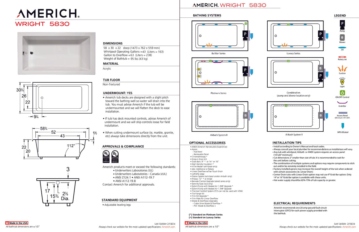 Americh WR5830TA5-BI Wright 5830 - Tub Only / Airbath 5 - Biscuit