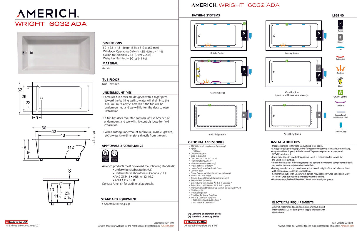 Americh WR6032ADATA5-BI Wright 6032 ADA - Tub Only / Airbath 5 - Biscuit
