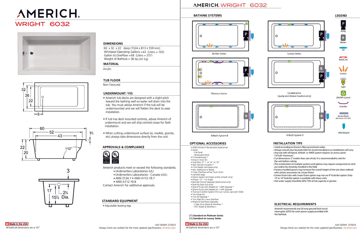 Americh WR6032TA5-BI Wright 6032 - Tub Only / Airbath 5 - Biscuit