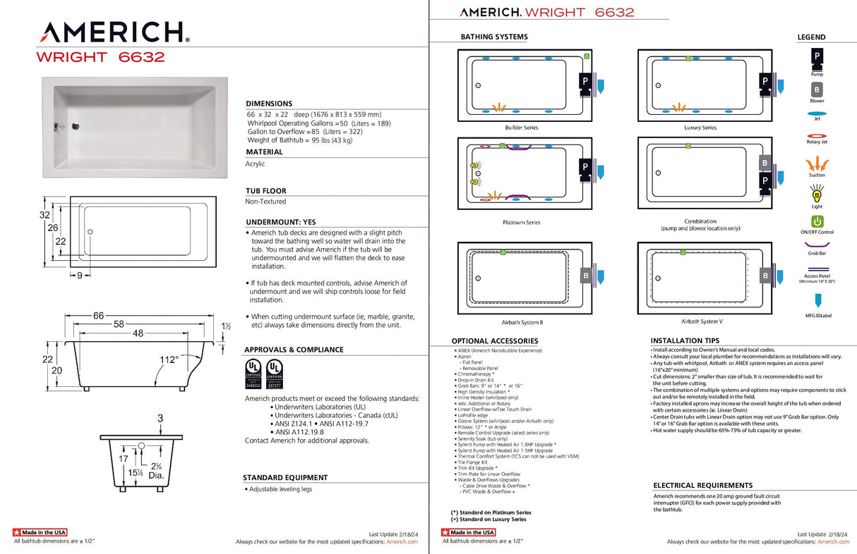 Americh WR6632TA5-BI Wright 6632 - Tub Only / Airbath 5 - Biscuit