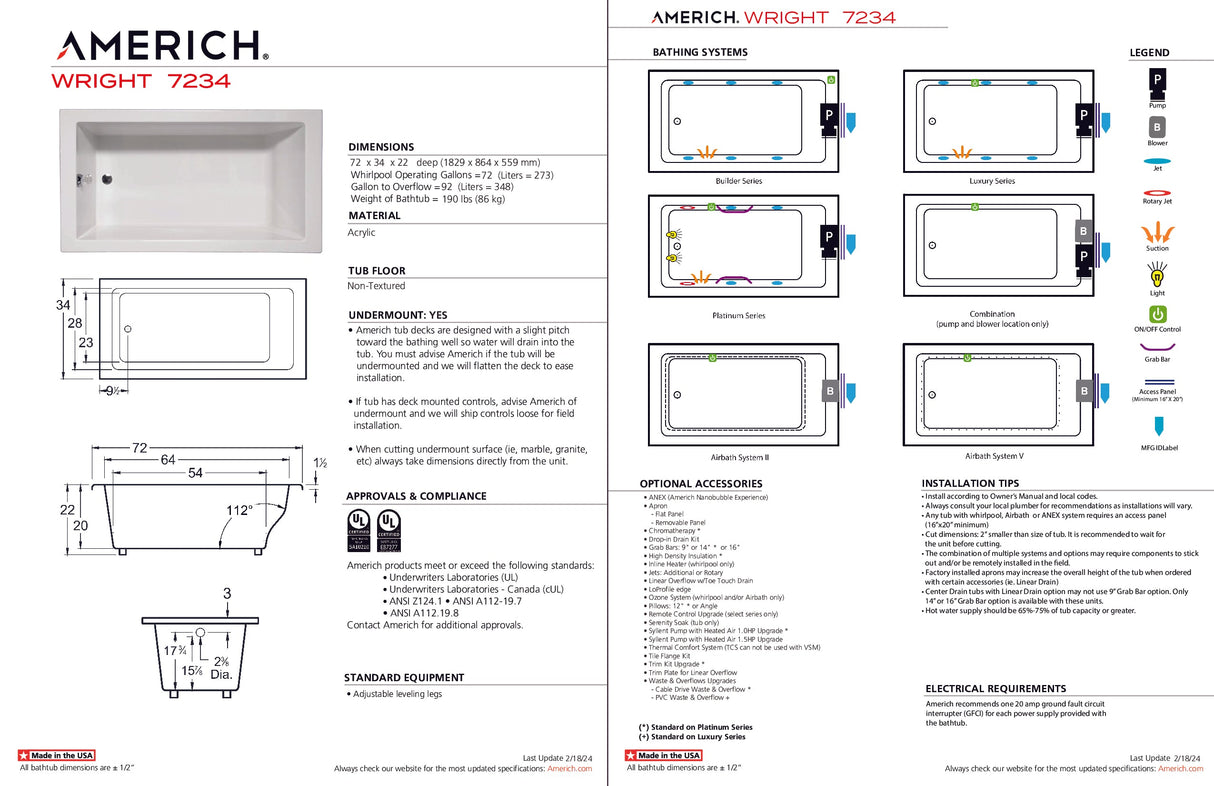 Americh WR7234TA5-BI Wright 7234 - Tub Only / Airbath 5 - Biscuit