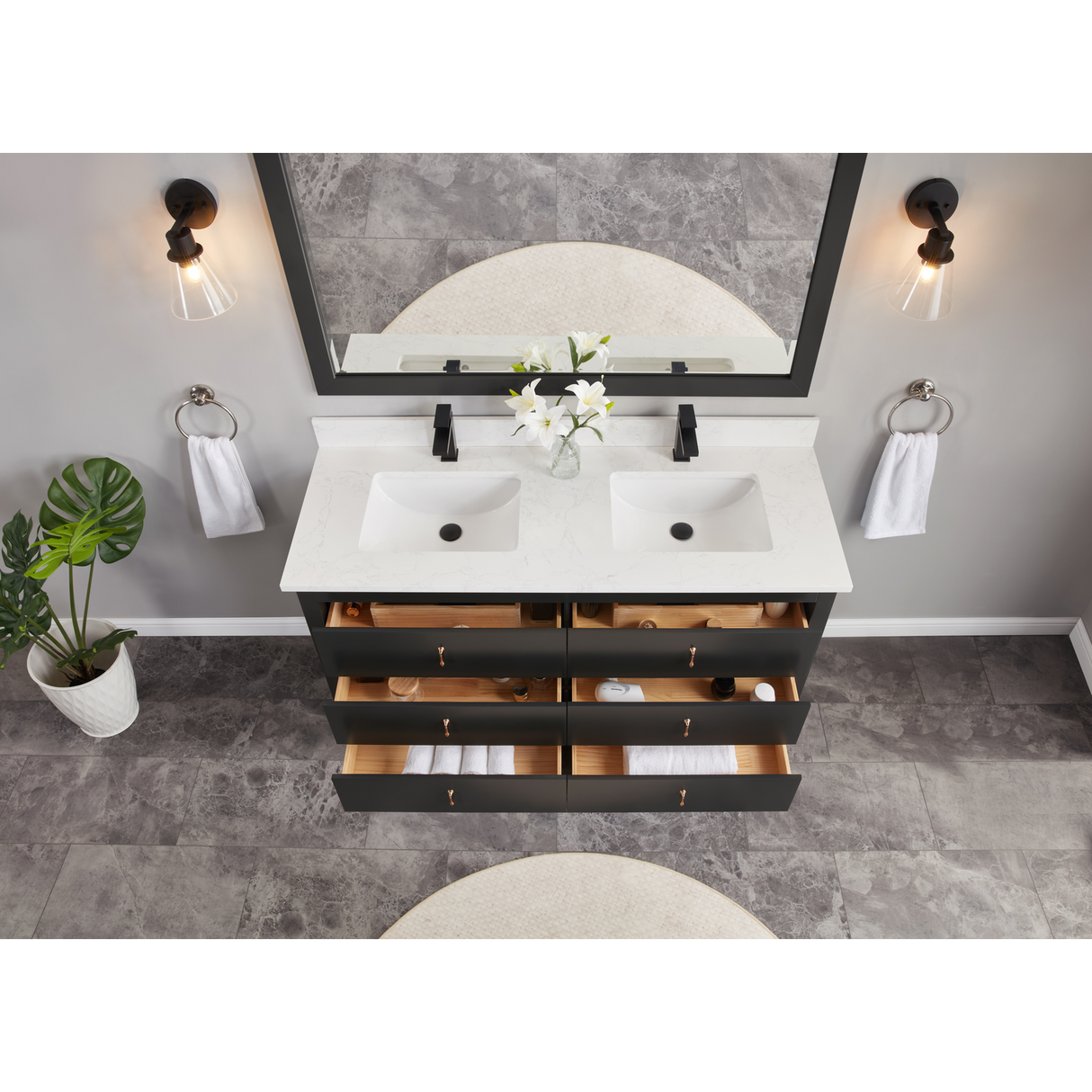Legion Furniture 60" TRICORN BLACK FINISH SOLID WOOD SINK VANITY WITH 1" ARTIFICIAL STONE TOP WS2512-60-TB