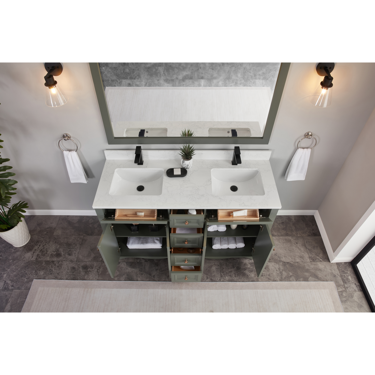 Legion Furniture 60" PEWTER GREEN FINISH SOLID WOOD SINK VANITY  WITH 1' ARTIFICIAL STONE TOP WS2514-60-PG