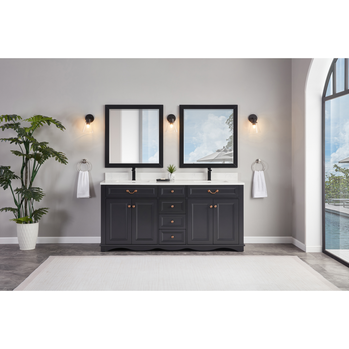 Legion Furniture 72" TRICORN BLACK FINISH SOLID WOOD SINK VANITY  WITH 1' ARTIFICIAL STONE TOP WS2514-72-TB