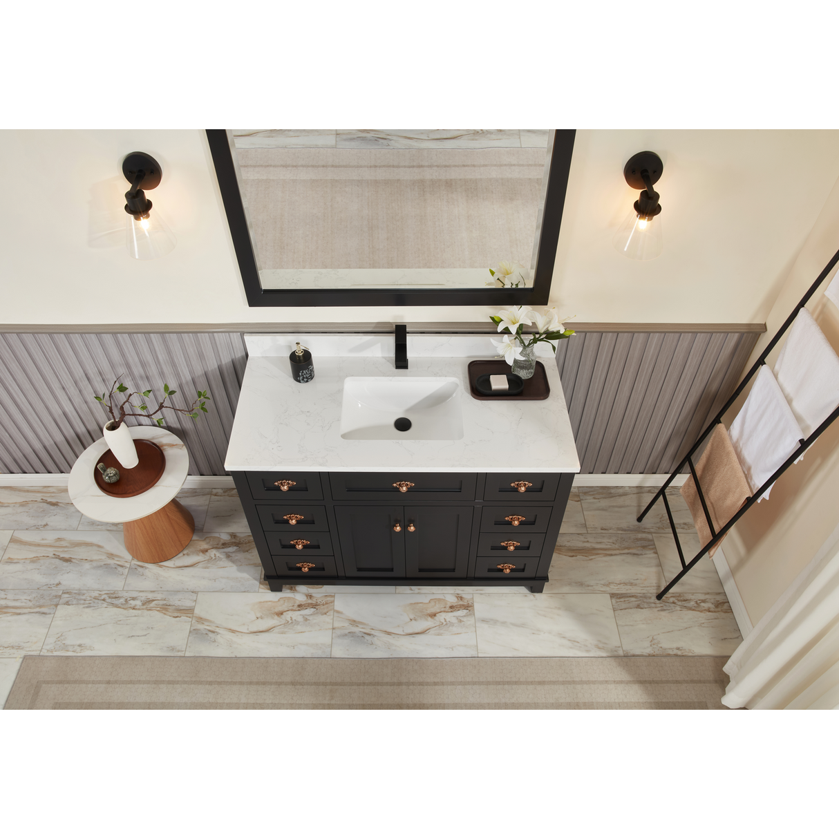 Legion Furniture 48" TRICORN BLACK FINISH SOLID WOOD SINK VANITY  WITH 1' ARTIFICIAL STONE TOP WS2515-48-TB