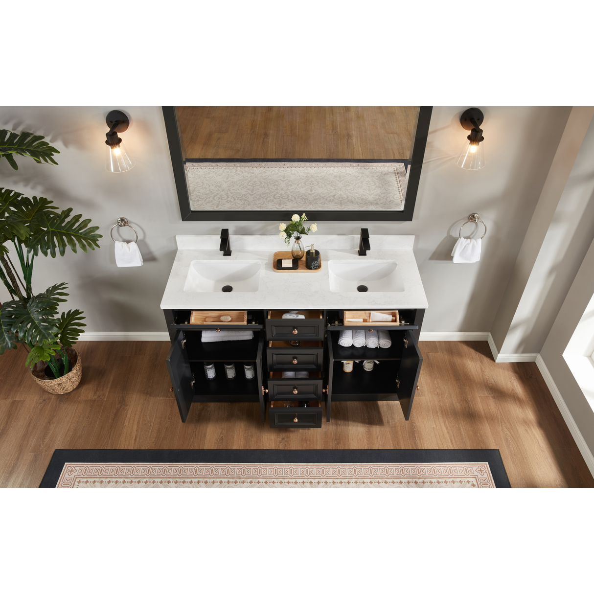 Legion Furniture 60" TRICORN BLACK FINISH SOLID WOOD SINK VANITY  WITH 1' ARTIFICIAL STONE TOP WS2516-60-TB