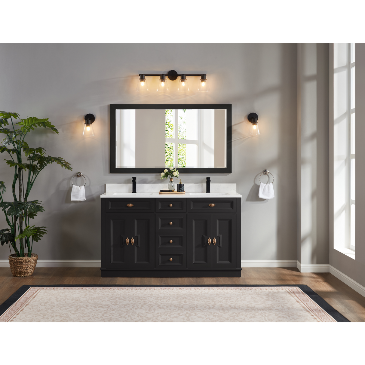Legion Furniture 60" TRICORN BLACK FINISH SOLID WOOD SINK VANITY  WITH 1' ARTIFICIAL STONE TOP WS2516-60-TB