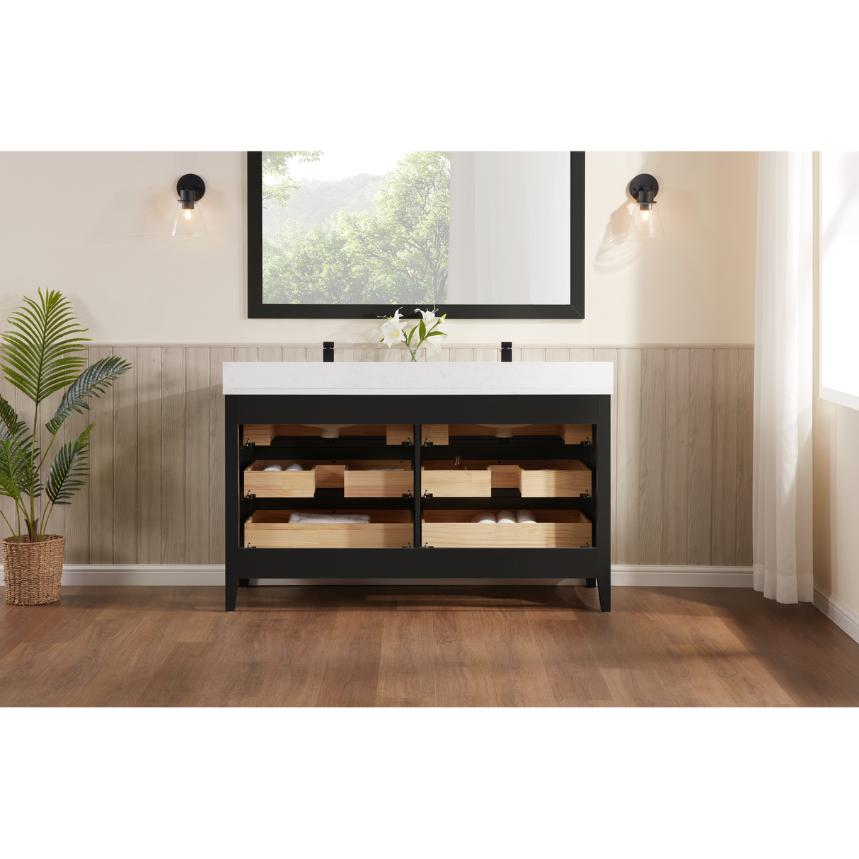 Legion Furniture 60" TRICORN BLACK FINISH SOLID WOOD SINK VANITY  WITH 1' ARTIFICIAL STONE TOP WS2518-60-TB