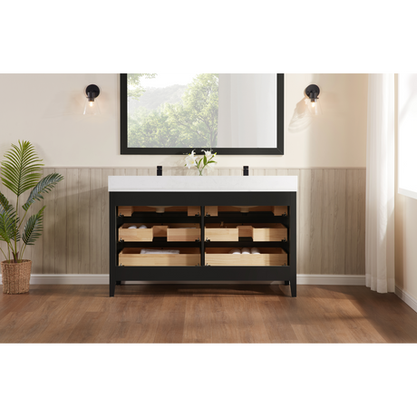 Legion Furniture 60" TRICORN BLACK FINISH SOLID WOOD SINK VANITY  WITH 1' ARTIFICIAL STONE TOP WS2518-60-TB