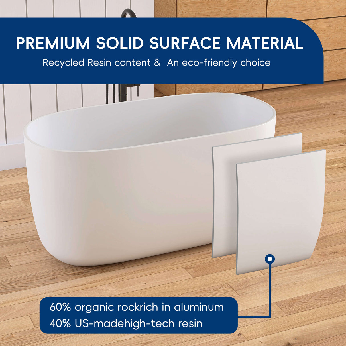 New England Home Goods Lanikai 47" Freestanding Tub in White - Stone Resin Solid Surface