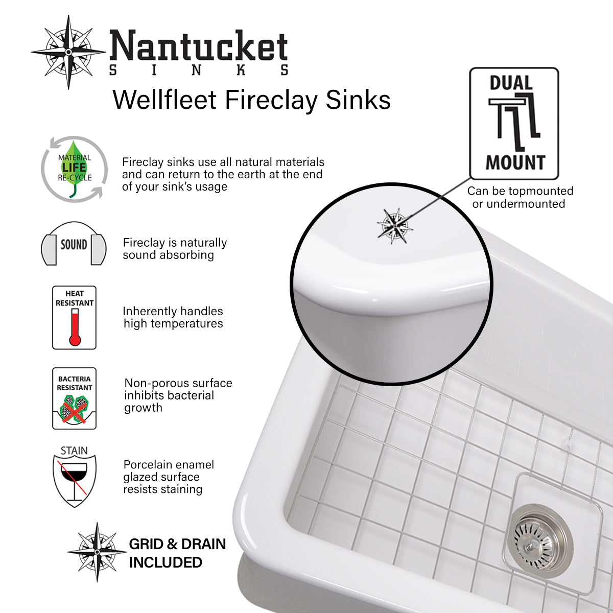 Nantucket Sinks 18-Inch Undermount Fireclay Kitchen Sink Wellfleet-1818GR