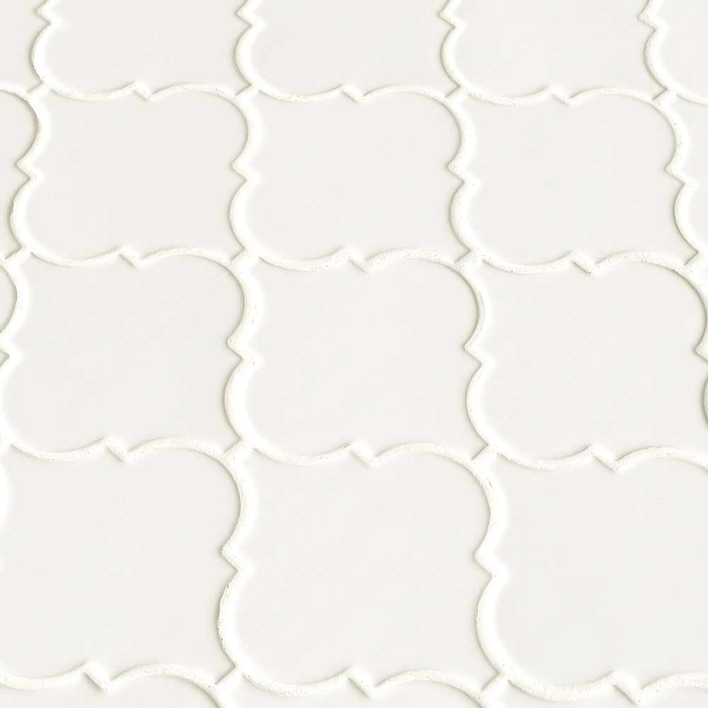 Whisper white arabesque 10.83X15.5 glazed ceramic mesh mounted mosaic wall tile SMOT-PT-WW-ARABESQ product shot multiple tiles angle view