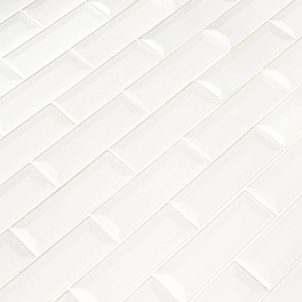 Whisper white beveled 12X12 ceramic mesh mounted mosaic wall tile SMOT-PT-WW-2X6B product shot multiple tiles angle view