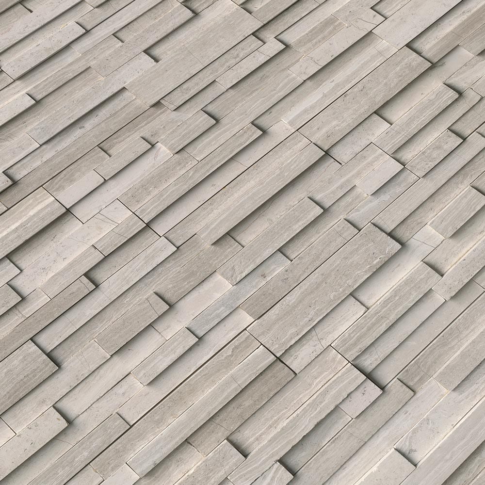 White oak 3D ledger panel 6X24 honed marble wall tile LPNLMWHIOAK624 3DH product shot multiple tiles angle view