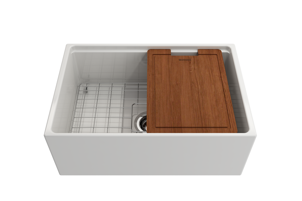 BOCCHI 1628-001-0120 Contempo Step-Rim Apron Front Fireclay 27 in. Single Bowl Kitchen Sink with Integrated Work Station & Accessories in White