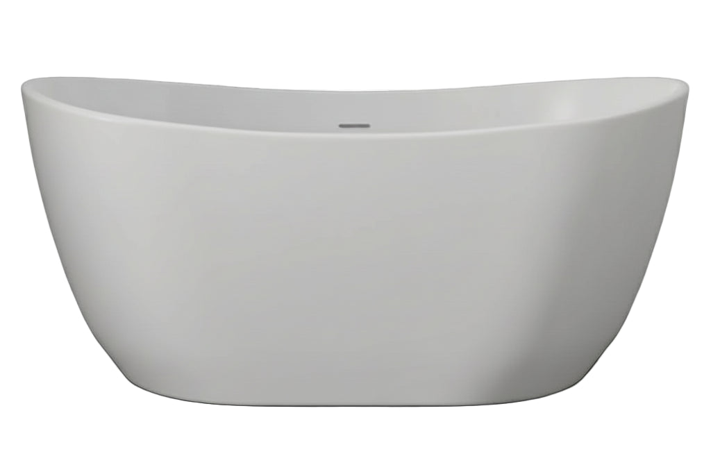 White freestanding bathtub against a gray wall