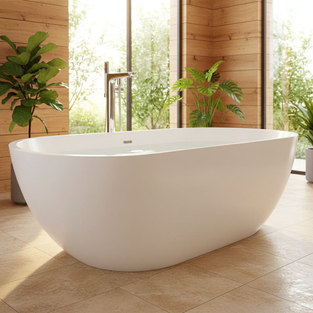 White freestanding bathtub in a modern bathroom with gray tiles.