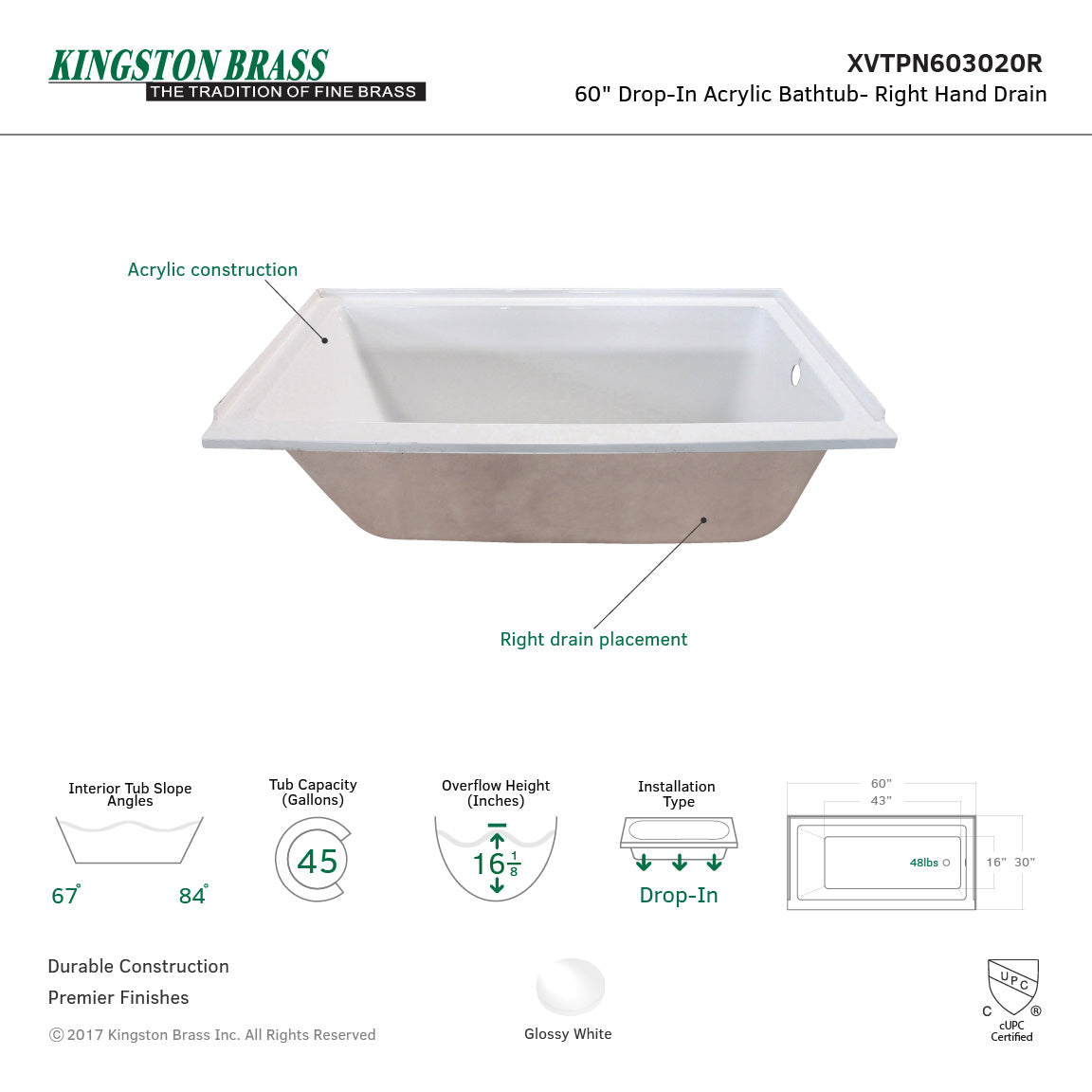 Aqua Eden XVTPN603020R 60-Inch Acrylic Rectangular Drop-In Tub with Right Hand Drain, White