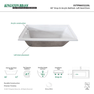 Aqua Eden XVTPN603220L 60-Inch Acrylic Rectangular Drop-In Tub with Left Hand Drain, White