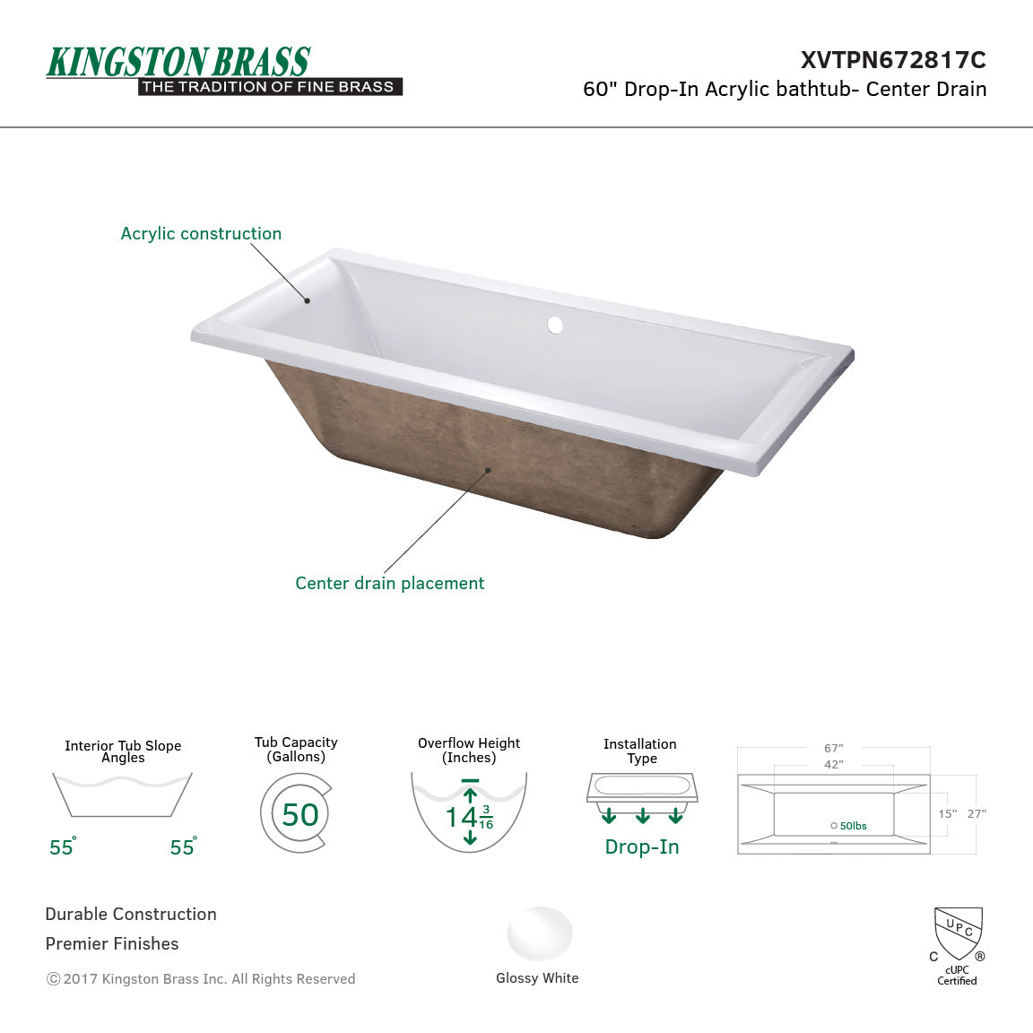 Aqua Eden XVTPN672817C 67-Inch Acrylic Rectangular Drop-In Tub with Center Drain Hole, White