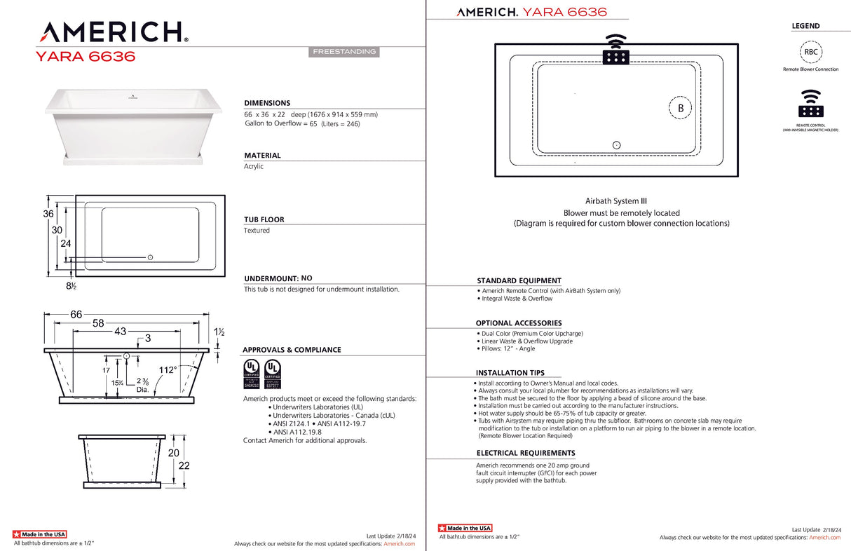 Americh YR6636T-WH Yara 6636 - Tub Only - White