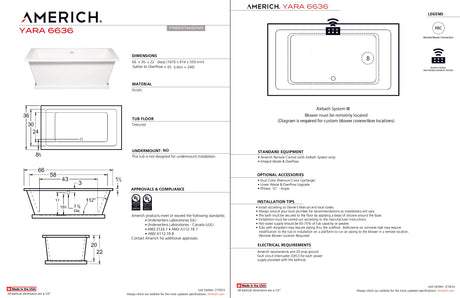 Americh YR6636T-WH Yara 6636 - Tub Only - White