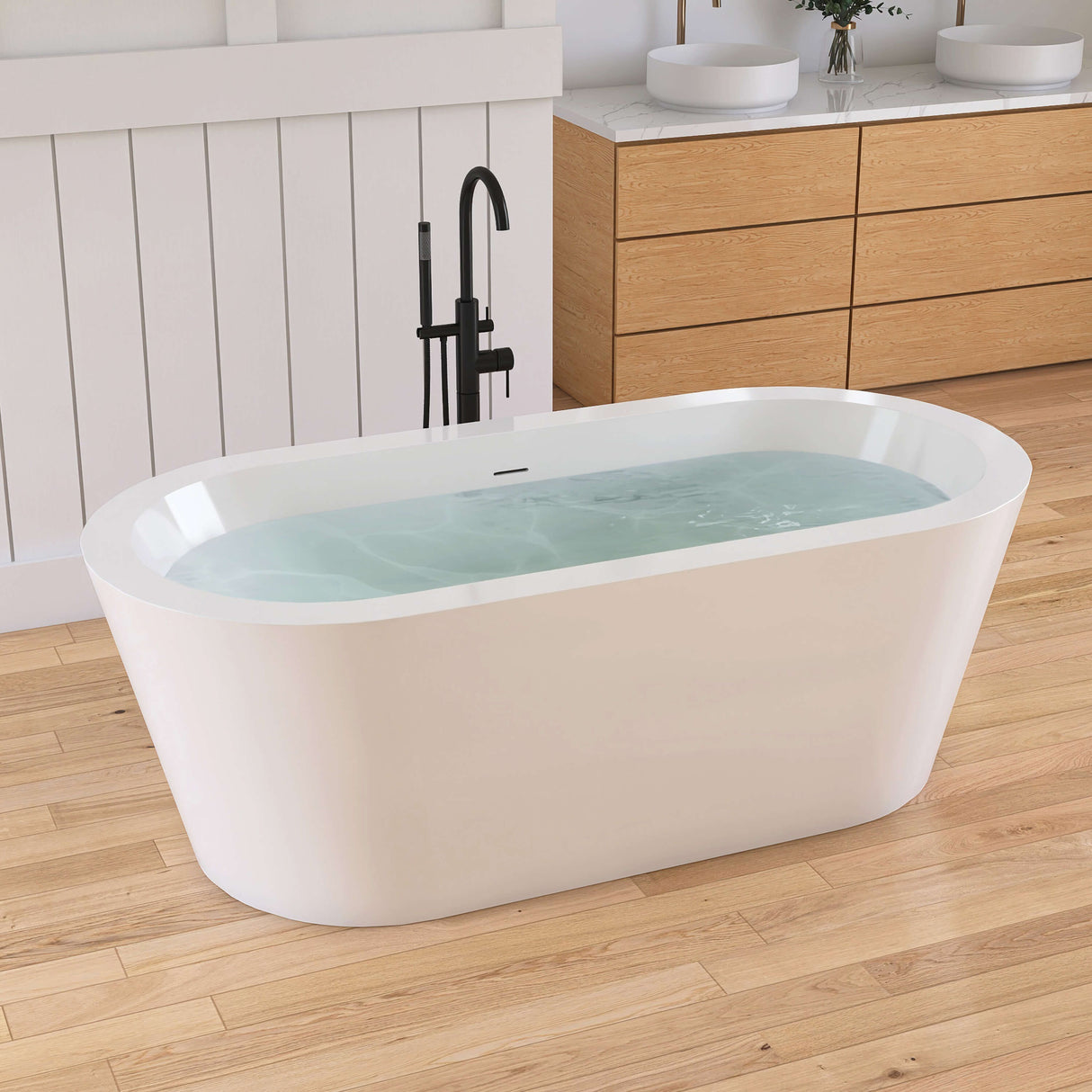 New England Home Goods Kirkjufell 67" Freestanding Tub in White - Stone Resin Solid Surface