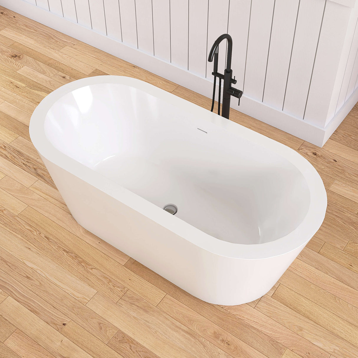 New England Home Goods Kirkjufell 67" Freestanding Tub in White - Stone Resin Solid Surface