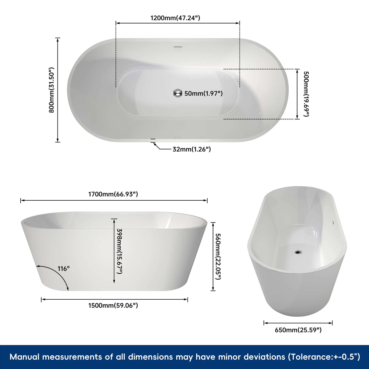 New England Home Goods Grace 67" Freestanding Tub in White - Stone Resin Solid Surface