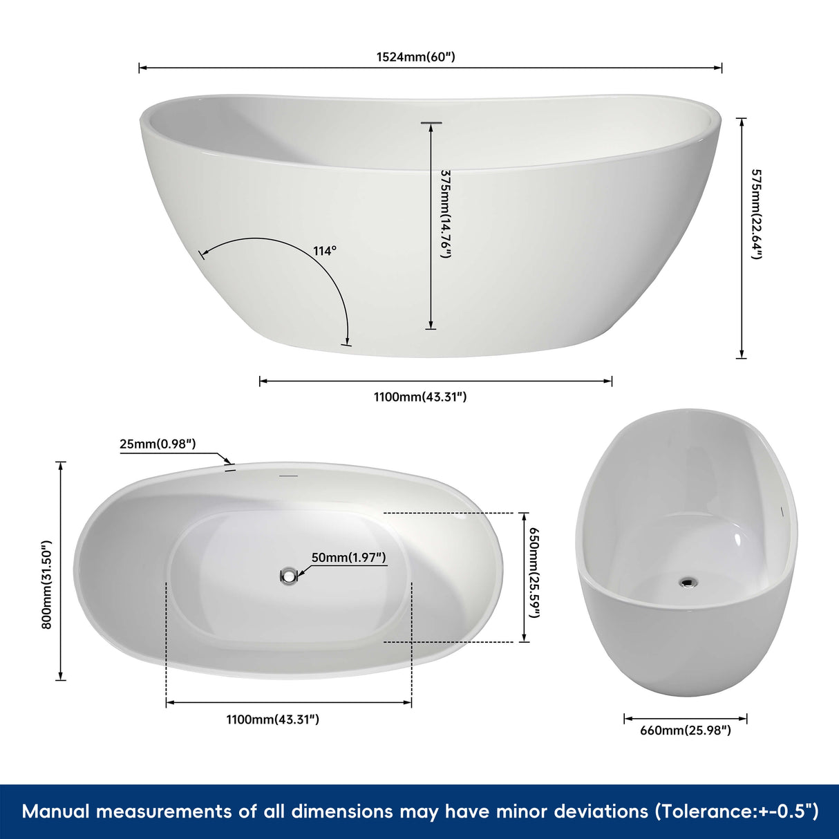 New England Home Goods Sinai 60" Freestanding Tub in White - Stone Resin Solid Surface