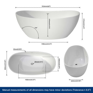 New England Home Goods Sinai 60" Freestanding Tub in White - Stone Resin Solid Surface