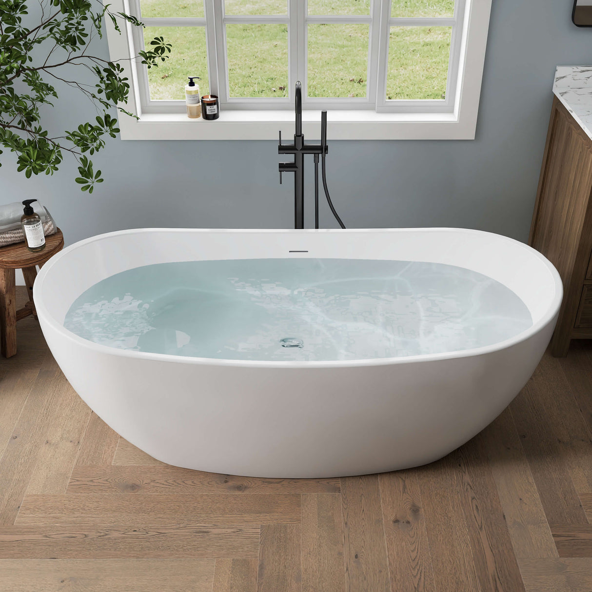 New England Home Goods Camps 65" Freestanding Tub in White - Stone Resin Solid Surface