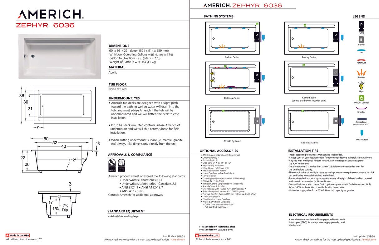 Americh ZP6036TA5-BI Zephyr 6036 - Tub Only / Airbath 5 - Biscuit