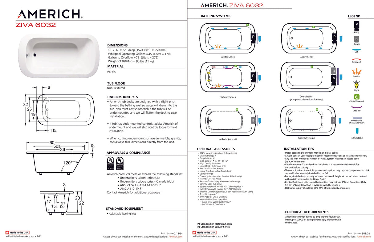 Americh ZI6032TA5-BI Ziva 6032 - Tub Only / Airbath 5 - Biscuit