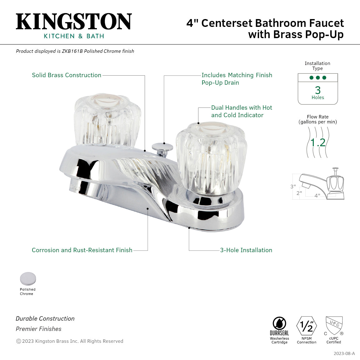 ZKB161B 4-Inch Centerset Bathroom Faucet with Brass Pop-Up, Polished Chrome