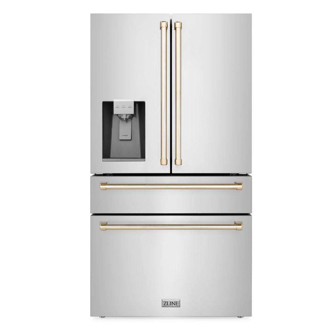 ZLINE Autograph Edition 36 in. 21.6 cu. ft. Counter-Depth French Door Refrigerator with Water and Ice Dispenser in Fingerprint-Resistant Stainless Steel with Polished Gold Traditional Handles (RFMZ-W-36-G) front, closed.