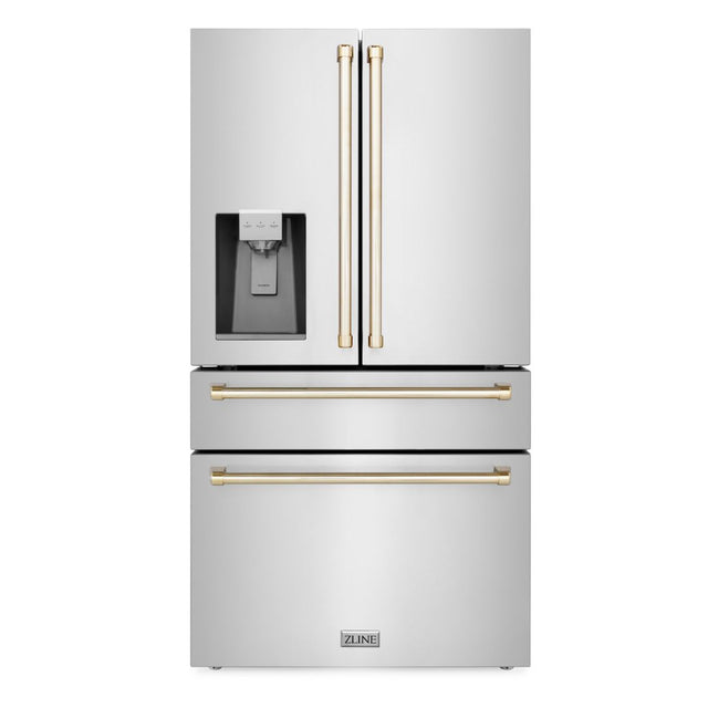 ZLINE Autograph Edition 36 in. 21.6 cu. ft. Counter-Depth French Door Refrigerator with Water and Ice Dispenser in Fingerprint-Resistant Stainless Steel with Polished Gold Traditional Handles (RFMZ-W-36-G) front, closed.