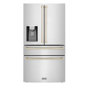 ZLINE Autograph Edition 48 in. Kitchen Package with Stainless Steel Dual Fuel Range, Range Hood, Dishwasher and Refrigerator Including External Water Dispenser with Polished Gold Accents (4AKPR-RARHDWM48-G)