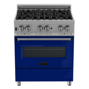 ZLINE 30 in. Kitchen Package with DuraSnow® Stainless Steel Dual Fuel Range with Blue Gloss Door and Convertible Vent Range Hood (2KP-RASBGRH30)