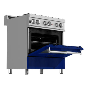 ZLINE 30 in. Kitchen Package with DuraSnow® Stainless Steel Dual Fuel Range with Blue Gloss Door and Convertible Vent Range Hood (2KP-RASBGRH30)