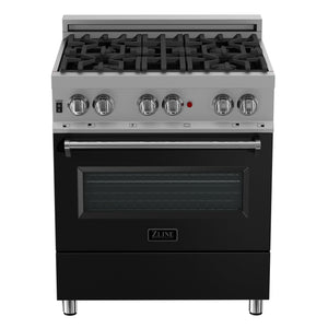 ZLINE 30 in. 4.0 cu. ft. Legacy Dual Fuel Range with 4 Burner Gas Cooktop and Electric Convection Oven in DuraSnow® Stainless Steel and Black Matte Door (RAS-BLM-30)