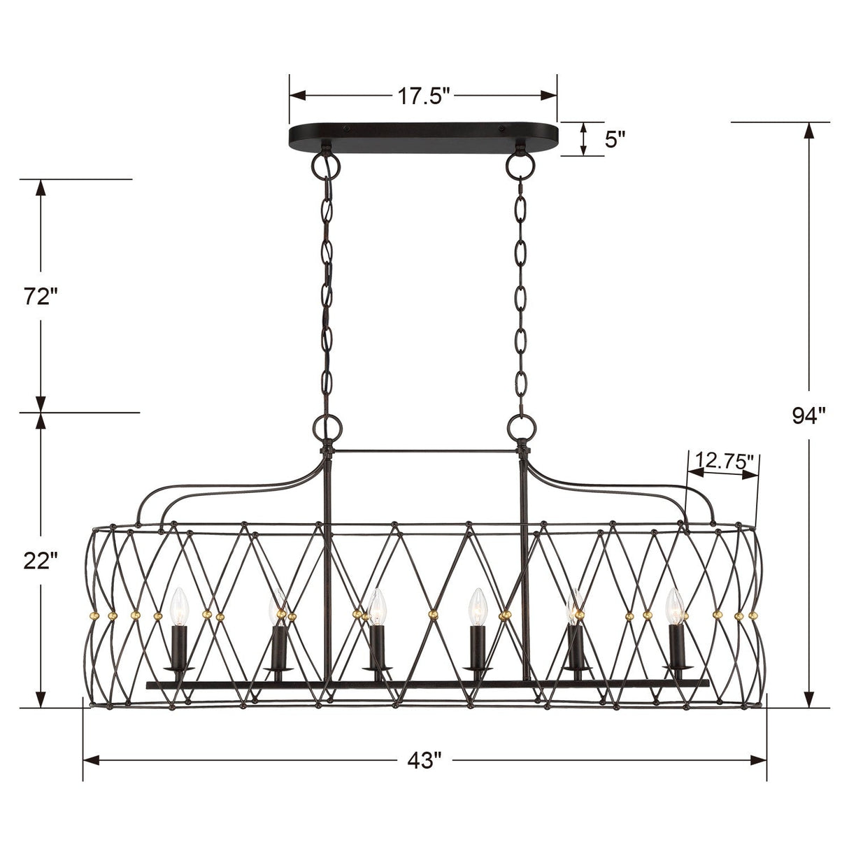 Zucca 6 Light English Bronze + Antique Gold Linear Chandelier ZUC-A9037-EB-GA