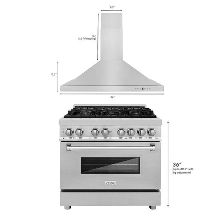 ZLINE 36 in. Kitchen Package with Stainless Steel Dual Fuel Range with DuraSnow® Door and Convertible Vent Range Hood (2KP-RASNRH36)