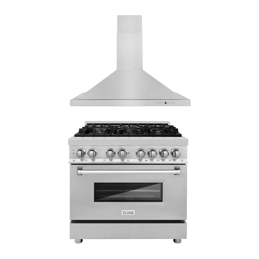 ZLINE 36 in. Kitchen Package with Stainless Steel Dual Fuel Range with DuraSnow® Door and Convertible Vent Range Hood (2KP-RASNRH36)