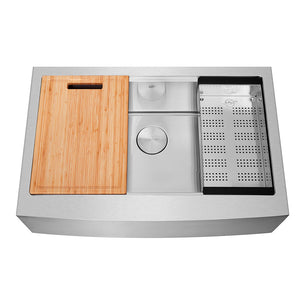 DAX Stainless Steel Handmade Workstation Farmhouse Kitchen Sink, Brushed Stainless Steel DAX-WS3321-R10