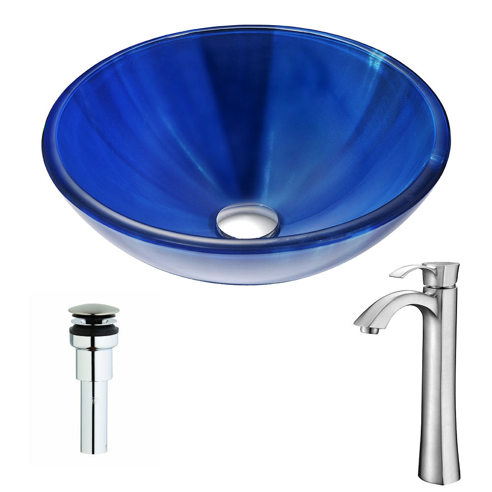 ANZZI LSAZ051-095B Meno Series Deco-Glass Vessel Sink in Lustrous Blue with Harmony Faucet in Brushed Nickel