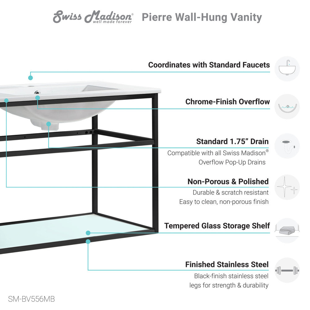 Pierre 30 Single, Open Shelf, Matte Black Metal Frame Bathroom Vanity